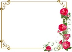 a frame with pink flowers and green leaves on the edges, as well as a gold border