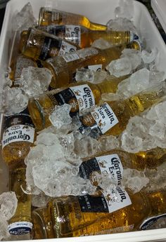 several bottles of beer are sitting in ice