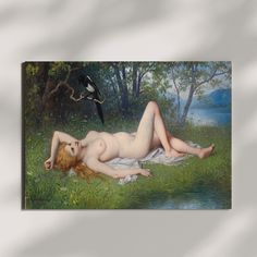 a painting of a naked woman laying on the grass with a bird flying above her