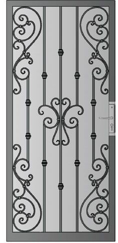 an iron gate with decorative designs on the top and bottom bars, as well as a door