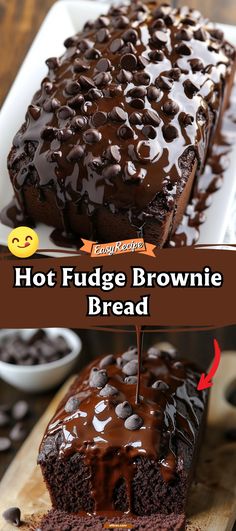 chocolate fudge brownie bread on a cutting board with the words hot fudge brownie bread