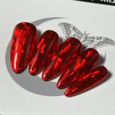 Welcome to LD Nails!  Hi, I'm Bur and I'll be your long distance nail ghoul 😜 Read on for the obligatory written description of what you see in the pictures, plus some other important stuff..  🖤 One set of 10 REUSABLE Press On Nails 🖤     🖤 Made to order in your shape & size 🖤  ♥️ Red Starburst: Red geometric starburst foil press on nails. 👉 Please leave your finish preference and (if applicable) custom sizing in the personalization box!  Purchase INCLUDES an application kit! It consists of:  🖤 detailed application & removal instructions 🖤  a sealed and sanitary mani kit (100/180 file, buffer block, cuticle pusher)  🖤 2 alcohol pads 🖤 nail tabs or glue (glue is standard, request tabs in the personalization box if you prefer them!) *Only one kit is sent per order. Extra kits and k Alt Nails, Nails Witchy, Nails Gothic, Red Starburst, Nails Goth, Alcohol Pads, Country Nails, Witchy Nails, Goth Nails