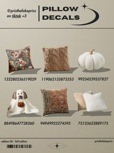 pillows are displayed on the front cover of this brochure, which includes an image of a dog and two pumpkins