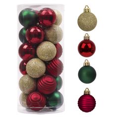 assorted christmas ornaments in plastic package with gold and red ornament, green and red baubles