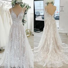 two pictures of wedding gowns on mannequins with flowers in the back