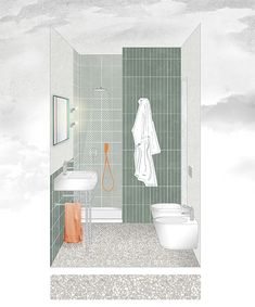 a drawing of a bathroom with green tiled walls