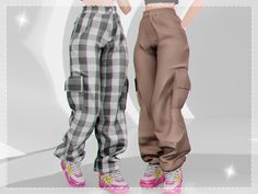 two women standing next to each other in plaid pants