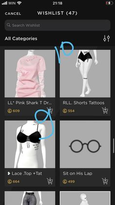 the screen shot shows different types of clothing