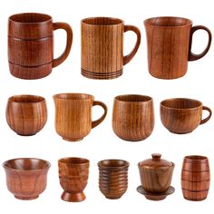 wooden cups and saucers are shown in different positions