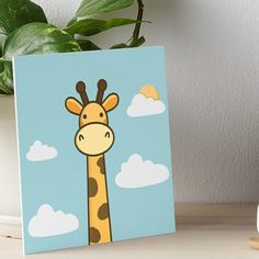 a cartoon giraffe with clouds in the sky on a blue background art board