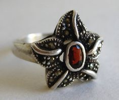 Vintage Ring Art Deco Sterling Silver Garnet Jeweled Marcasite Cocktail Ring size 9 1/2 Filigree Necklaces, Sterling Silver Marcasite, Ring Art Deco, Dream Jewelry, Vintage Ring, Ring Vintage, Cocktail Ring, Jewelry Bags, Cute Jewelry