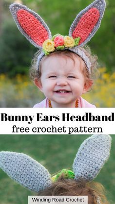 the bunny ears crochet headband is made with yarn and has flowers on it