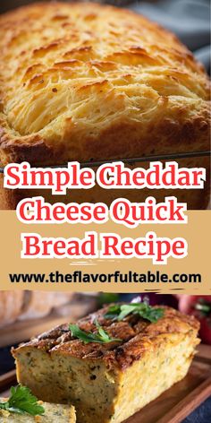 simple cheesy quiche quick bread recipe on a cutting board with text overlay