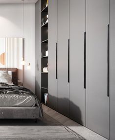 a bedroom with white walls and grey furniture