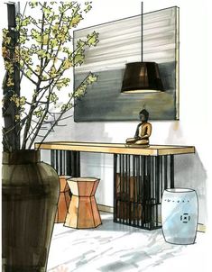 a drawing of a table with vases and a lamp