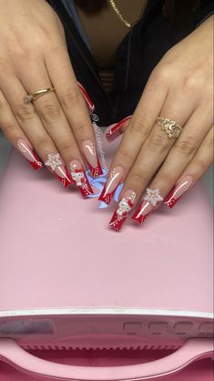 Red Nails Acrylic Hello Kitty, Red And White Hello Kitty Nails, Red Valentine Day Nails, Red Hello Kitty Nails Acrylic, Red Creative Nails, Red Sanrio Nails, Valentines Day Nails Hello Kitty, Red Acrylic Nails With Charms, Birthday Nail Set Ideas Red