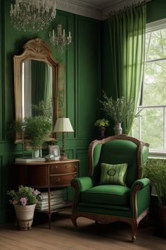 a green room with a chair, mirror and potted plants on the side table