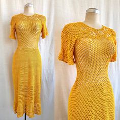 FEATURES >  70s yellow crochet dress with round neck and two button opening    >  Midi length style dress with short full sleeves >  No label  >  Size S (please check the measurements) >  Very good vintage condition MEASUREMENTS (all measurements taken laying flat) > shoulders: 13" or 34cm > sleeves: 7" or 11.5cm >  bust: 13" or 34cm >  waist: 14" or 35cm >  hips : 17" or 42.5cm > total length: 43" or 108.5cm PLEASE NOTE > All items are shipped by standard international post with tracking but if you would prefer a cheaper shipping option, combined shipping or added insurance please contact us prior to purchase. > Measurements are taken while the garment lying flat. Please double where appropriate for actual dimensions. 60s Crochet, Yellow Crochet, 70s Boho, Future Ideas, Cotton Crochet, Bohemian Dress, Hippie Bohemian, Crochet Techniques, Full Sleeves