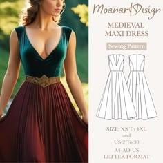 The product details are as follows: Deep v-neck, sleeveless, full circle maxi medieval dress PDF pattern Buy old and new models in our store at the best price! 👉https://moanartdesign.etsy.com    The amount of fabric required for the model is 7 meters.  You will need  hidden zipper for the middle back. Our model is suitable for all woven fabrics.  There is a seam allowance in our pattern. **US Sizes: 2, 4, 6, 8, 10, 12, 14, 16, 18, 20, 22, 24, 26, 28, 30 **Standard Sizes: XS, S, M, L, XL, 2XL, 3 Free Boho Sewing Patterns, Mood Patterns Dress, Diy V Neck Dress, Midevil Dress Pattern Free, Renesance Dress Pattern, Sew Dress Pattern, Fantasy Dress Pattern, Velvet Maxi Dress Sewing Pattern, Midevil Dress Sewing Patterns