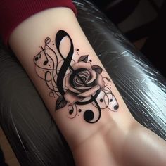 a black and white rose with music notes on it