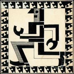 a black and white painting with geometric designs on it's sides, including the letter z