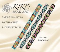 two bracelets with different designs on them and the words kiki's bead art