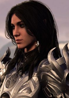 a woman with black hair and silver armor