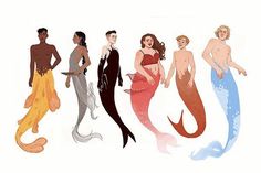 an image of mermaids with different colors and sizes on their body, standing in front of each other