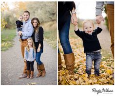 a family holding hands and posing for pictures in the fall leaves with their toddler