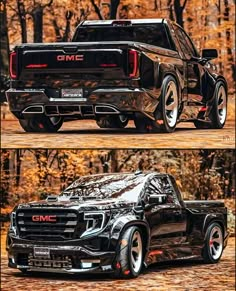 two pictures of a black truck in the woods