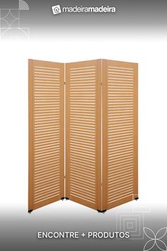 a wooden room divider with shutters on the sides and an inscription that reads, encontre + produos