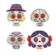 three sugar skulls with different colors and designs on their faces, one is wearing a hat