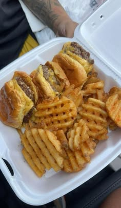 a tray filled with waffle fries and burgers