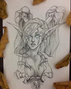 a pencil drawing of a woman with horns and wings on her head, surrounded by leaves