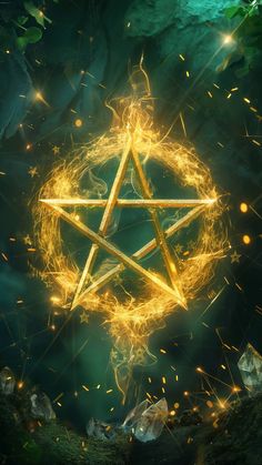 a golden pentagram surrounded by fire and sparks