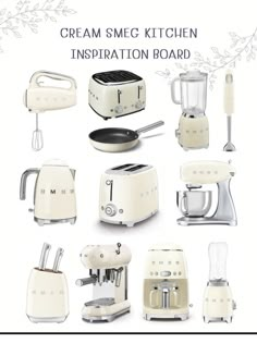 cream smeg kitchen appliances are displayed on a white background with the words, cream smeg kitchen inspiration board