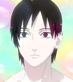 an anime character with black hair and brown eyes