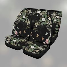 two seat covers with flowers and leaves on them, one has a black background the other is green