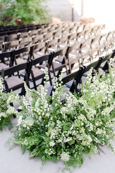 rows of black chairs with white flowers and greenery