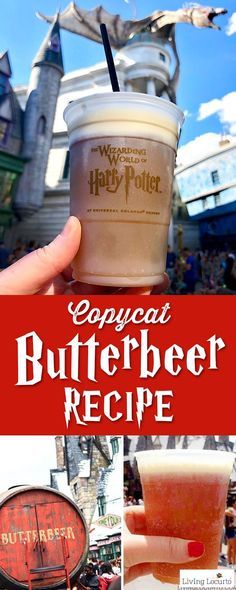 a person holding up a drink in front of the hog potter's castle with text overlay