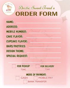 the order form for an ice cream shop is pink and has white writing on it