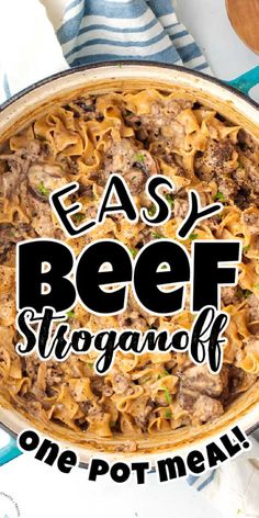 an easy beef stroganoni recipe in a skillet with the words easy beef stroganono on top