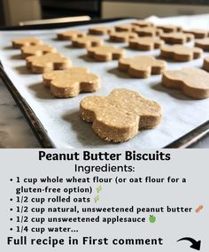 peanut butter biscuits on a baking sheet with instructions for how to bake them in the oven