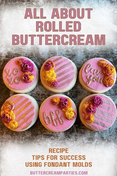 the cover of all about rolled buttercream, with four decorated cookies in pink frosting