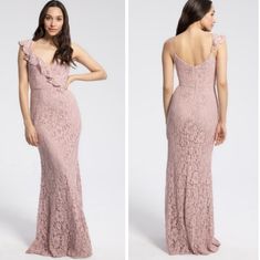 two pictures of a woman in a pink dress and one is wearing an open back gown