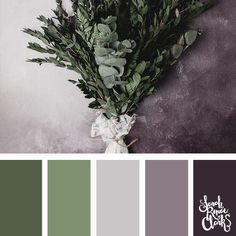 a bunch of green plants sitting on top of a purple and gray color palettes