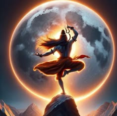 a person standing on top of a mountain holding a staff in front of a full moon