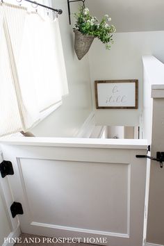 a white bathroom with a plant hanging over the bathtub and door to the shower