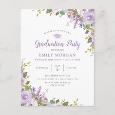 a graduation party card with purple flowers and greenery