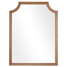 a wooden framed mirror on a white background